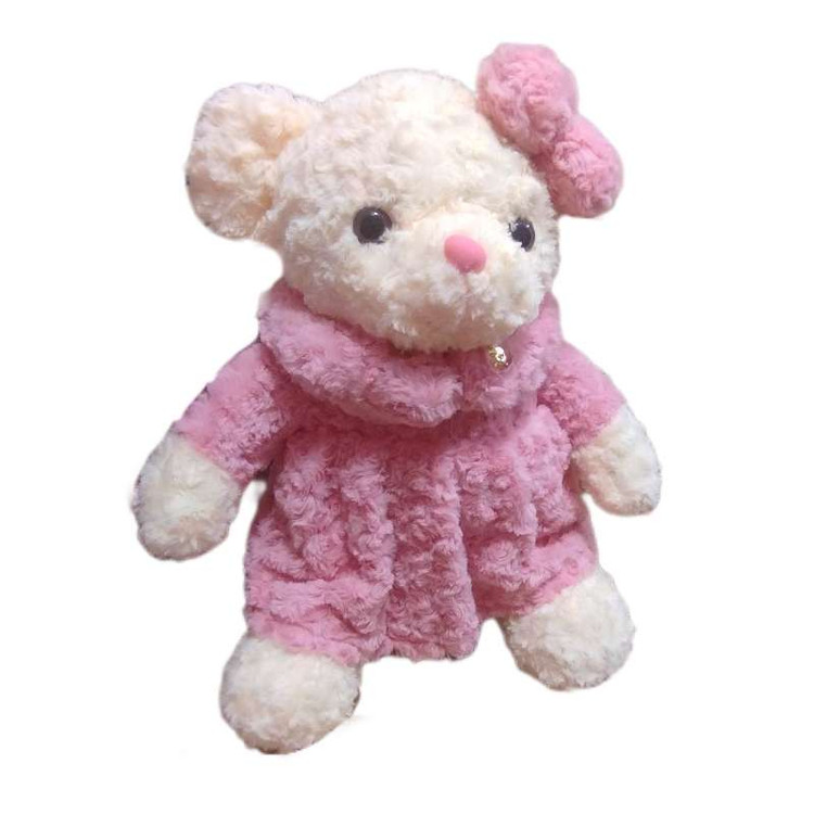 عروسک خرس صورتی با لباس گلدار رز، مناسب برای هدیه عاشقانه و دکور اتاق خواب کودک