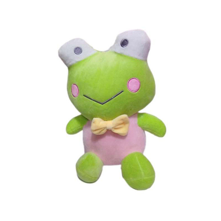 عروسک قورباغه سبز با طراحی فانتزی و لبخند بامزه، مناسب برای بازی کودکانه و دکور اتاق