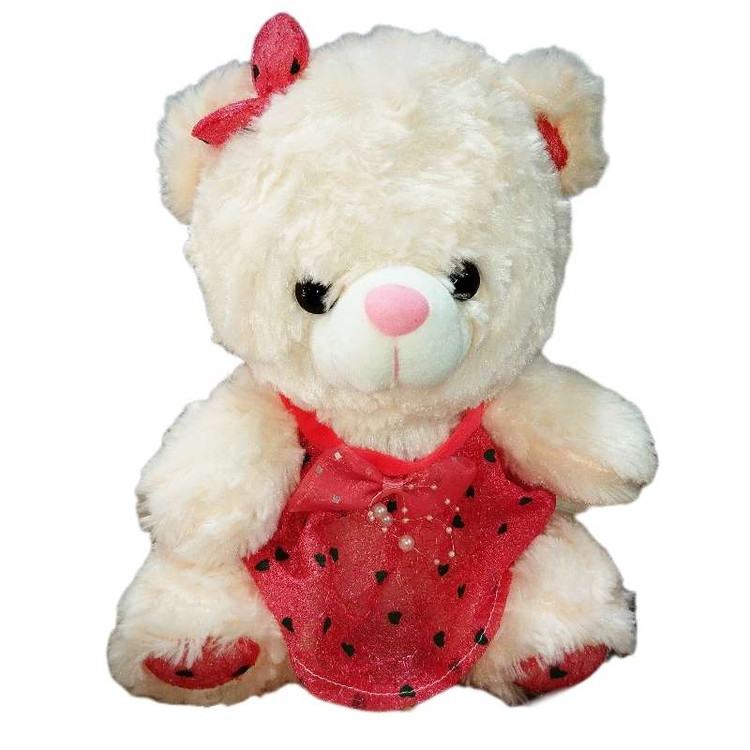 عروسک خرس با لباس حریر قرمز و طراحی عاشقانه، مناسب برای هدیه خاص و دکور کودکانه