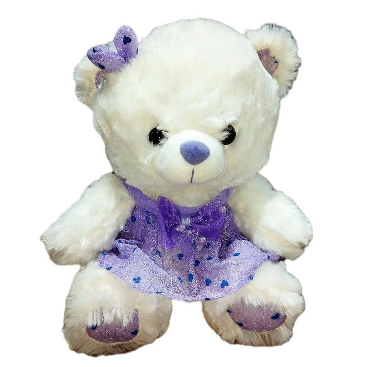 عروسک خرس با لباس حریر بنفش و طراحی شاهانه، مناسب برای هدیه خاص و دکور کودکانه