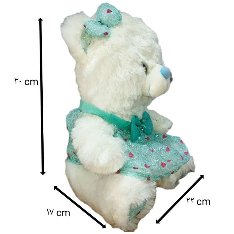 عروسک خرس با لباس حریر سبز و طراحی لوکس، مناسب برای هدیه خاص و دکور اتاق کودک