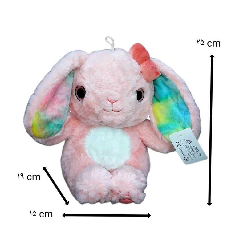 عروسک خرگوش صورتی با گوشهای آبرنگی، مناسب برای دکور اتاق و هدیه کودکانه